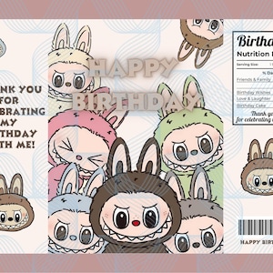 May include: A birthday-themed graphic featuring cartoon bunny characters in different colours. The words "HAPPY BIRTHDAY" are displayed, along with "Thank you for celebrating my birthday with me!" and a "Nutrition Facts" label.