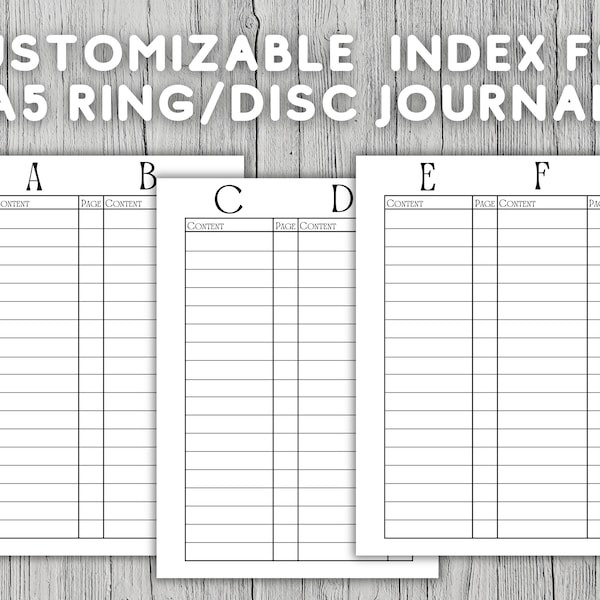 Customizable Index for A5 Journal Disc or Ring Binder Digital Download A-Z