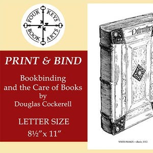 May include: An illustration of a book titled "Bookbinding and the Care of Books" by Douglas Cockerell. The book is shown in a detailed, black and white drawing. The cover features decorative elements. The text "PRINT & BIND" is also visible.