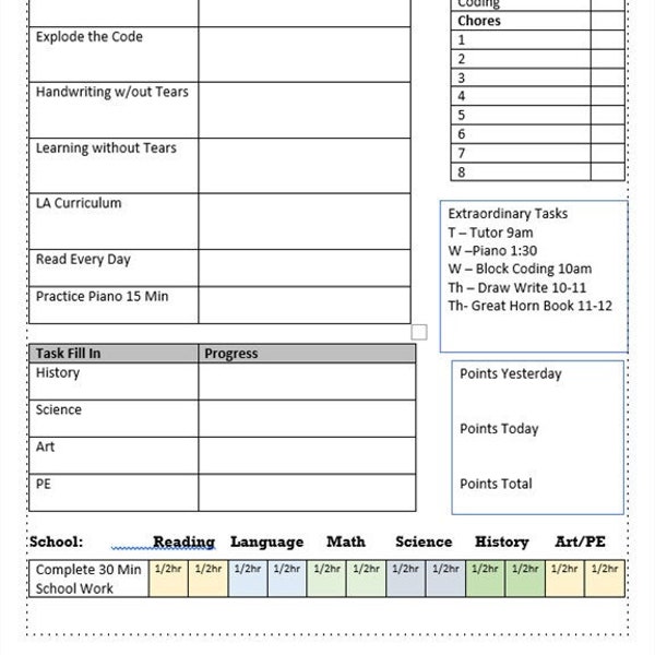 Daily Points Score and Homeschool Checklist Older Kids and Chores