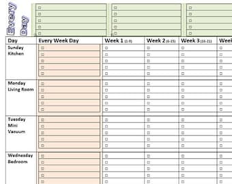 May include: A printable weekly chore chart with a checklist for each day of the week. The chart includes categories for Sunday, Monday, Tuesday, Wednesday, Thursday, Friday, and Saturday. Each day has a corresponding chore, such as kitchen, living room, mini vacuum, bedroom, bathroom, planning, and outdoors.