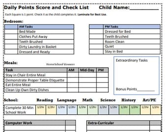 Daily Points Score and Check List Older Kids EDITABLE WORD & PDF
