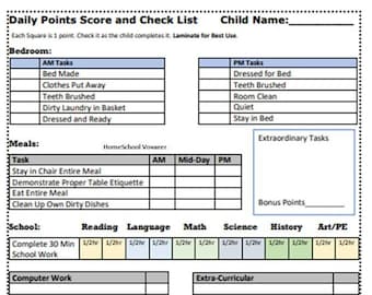 PDF Homeschool Student, Check List, Chores, and Points System Ages 5 to 10 or Older