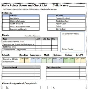 Editable Homeschool Student, Check List, Chores, and Points System Ages 5 to 10 or Older