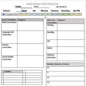 Puede incluir: Una lista de verificación diaria imprimible de tareas escolares con secciones para el plan de estudios básico y no básico, tareas y un calendario semanal. La lista de verificación incluye espacios para rastrear el progreso y los tiempos de finalización. El título es "Daily School Task Check List".