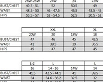clothing size measurement chart
