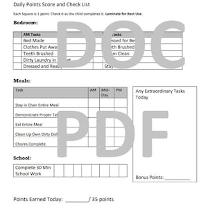 May include: A printable daily points score and check list for children. The checklist includes tasks for the bedroom, meals, and school. Each task is worth one point. The total points possible are 35.