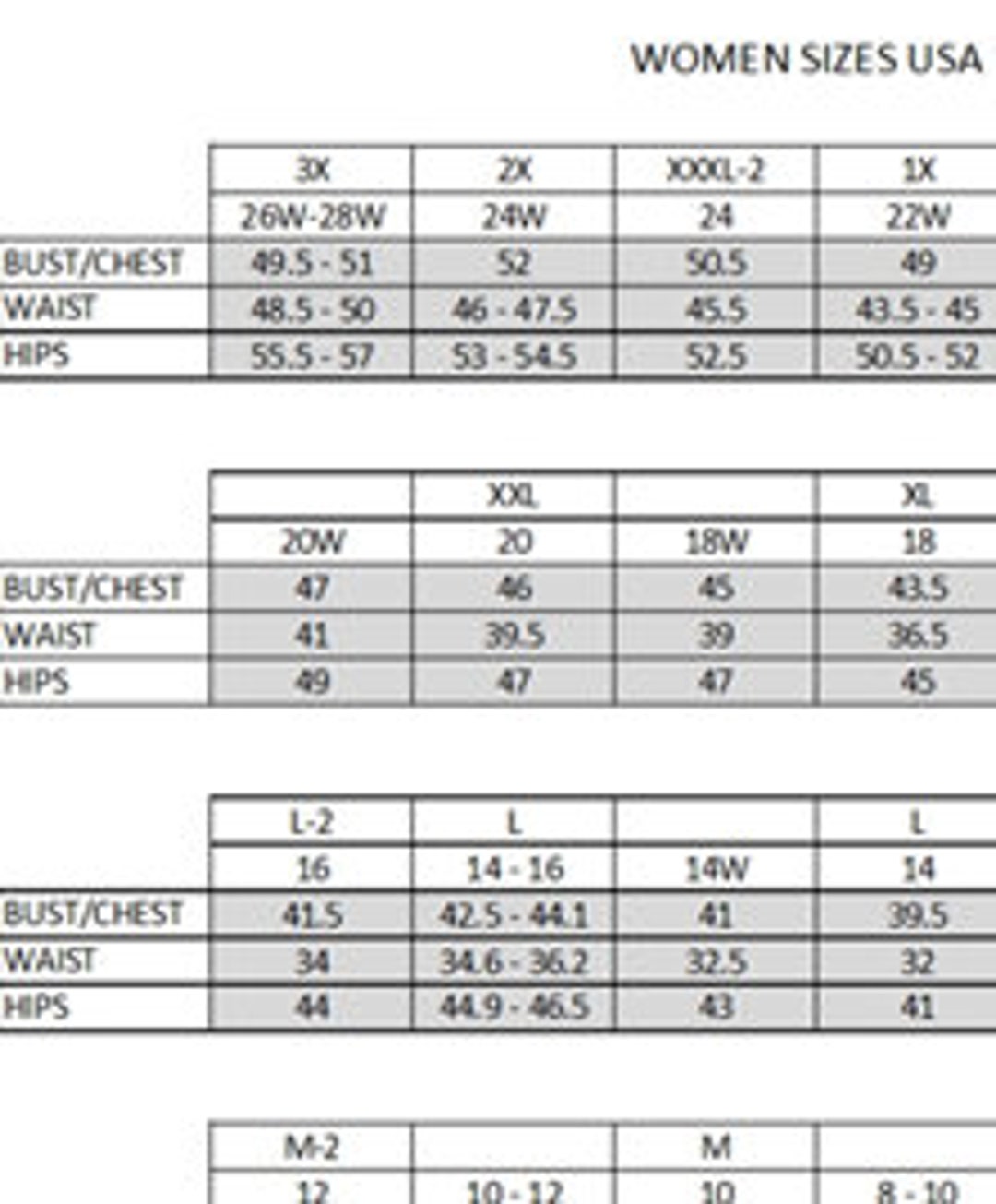 Women Clothing Size Chart USA Sizes 3X to XS 