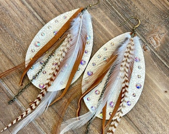 Leather and rhinestone earrings with feathers and fringe, leather earrings, feather earrings, western, southwestern, statement earrings, nfr
