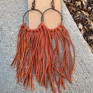 Rust color Leather fringe earrings, handmade wire hoops, leather earrings, fringe, fringe earrings, boho jewelry, rust, handmade, leather