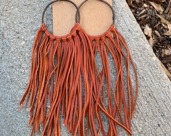 Rust color Leather fringe earrings, handmade wire hoops, leather earrings, fringe, fringe earrings, boho jewelry, rust, handmade, leather