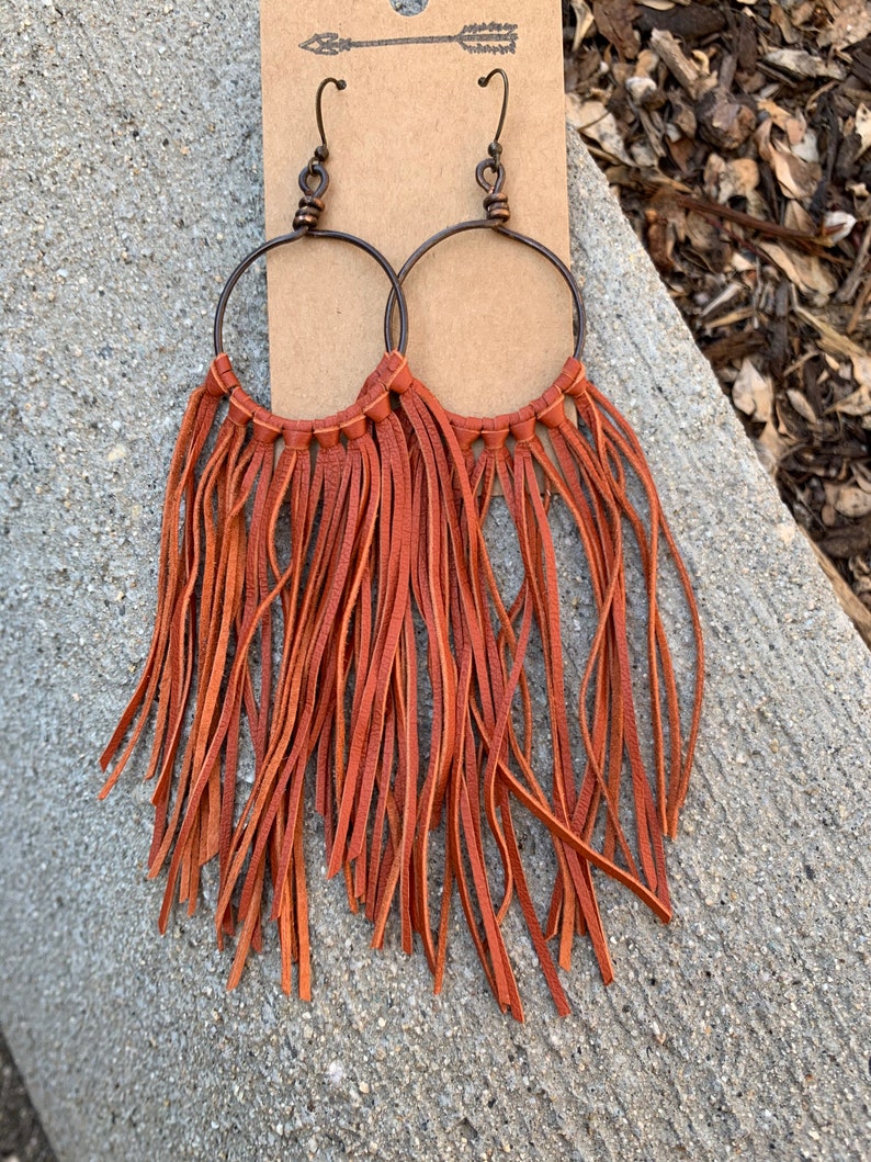 Rust Color Leather Fringe Earrings Handmade Wire Hoops Etsy