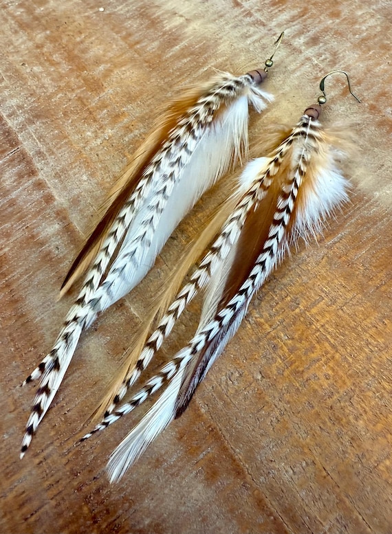 Natural rooster feather earring boho dangle neutral color earring western gypsy earring handmade boho real feather earring gifts