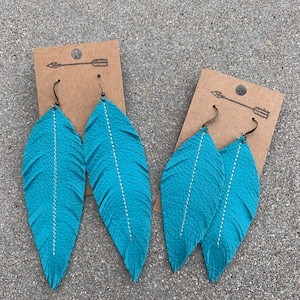 True turquoise leather feather earrings, turquoise earrings, turquoise jewelry, leather earrings, leather jewelry, boho jewelry
