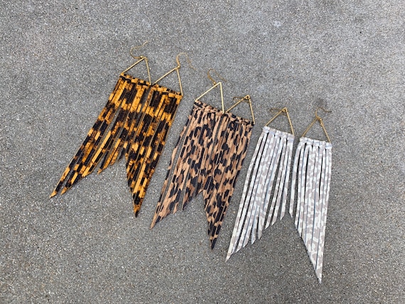 Leopard leather fringe earrings, multi color listing, leather earrings, leather fringe, leather jewelry, length can be customized, leopard