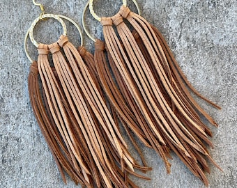 Fringe leather hoop earrings, double layer leather fringe, boho fringe earring, western jewelry, leather earrings, gifts for her, statement