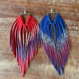 Yellowstone XL glitter ombre leather fringe earring 4th of July earring red white and blue USA earring patriotic American flag earring gifts