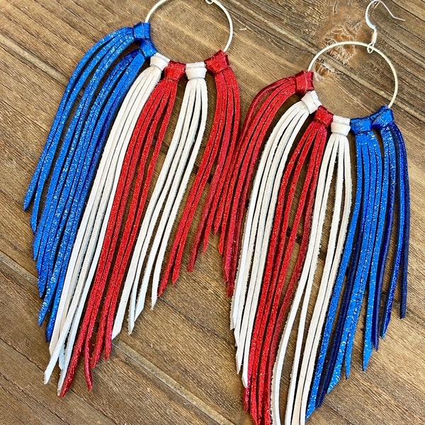 4th of July earrings, red white and blue earrings, fringe earrings, metallic earrings, America earrings, holiday earrings, leather fringe