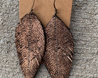 Rose gold shimmer on black leather feather earrings, leather feathers, rose gold, fringe earring, handmade, boho, leather earrings