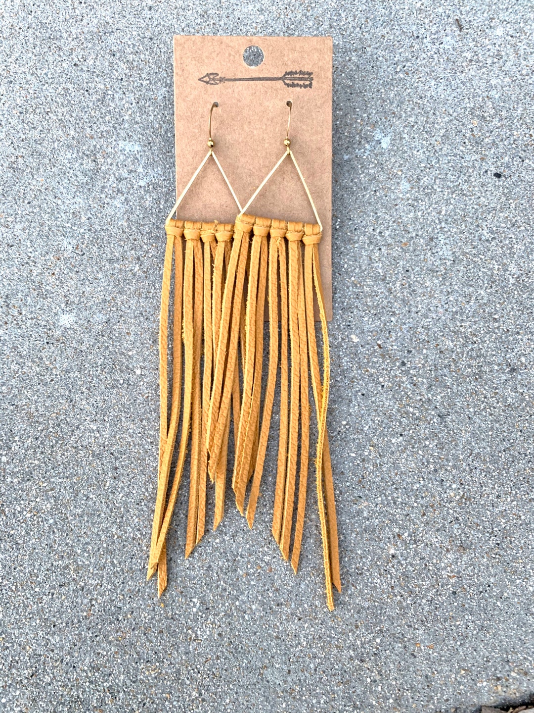 Mustard Leather Fringe Earrings With Raw Brass Teardrop or Triangle, Leather Fringe, Leather