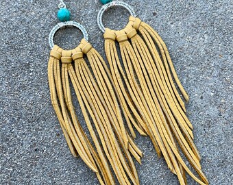 Orecchini Bohemien Con Nappe In Pelle E Turchese – Pendenti Etnici Per Donne E Ragazze - 2