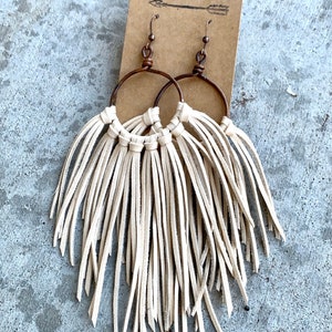 Cream leather fringe earrings, vanilla, off white, beige, leather fringe earrings, hand cut fringe earrings, leather earrings, hoop earrings