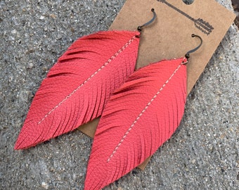 Hot coral leather feather earrings, leather jewelry, leather earrings, coral leather, watermelon, summer, bright, boho jewelry