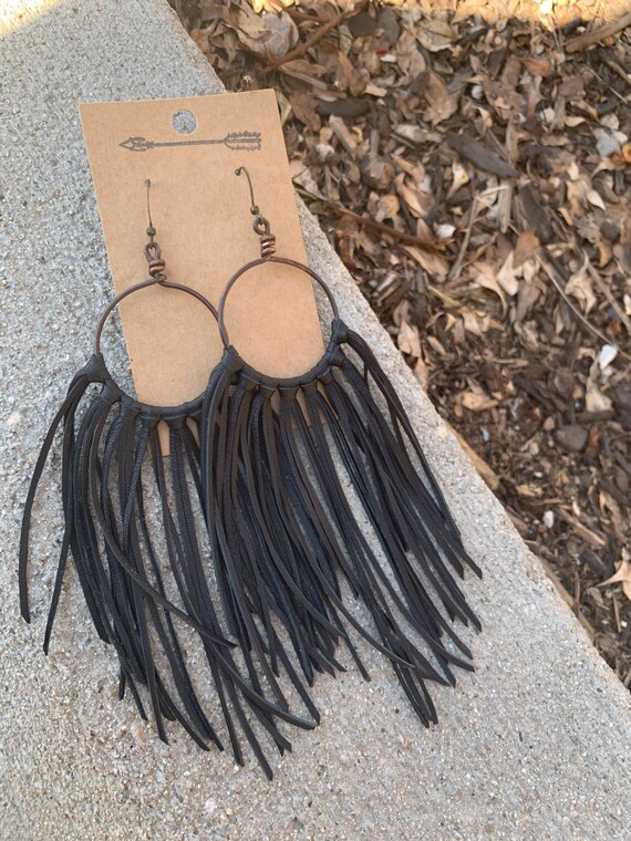 Black leather fringe earrings hand cut fringe leather earrings fringe earrings leather jewelry handmade earrings Black leather