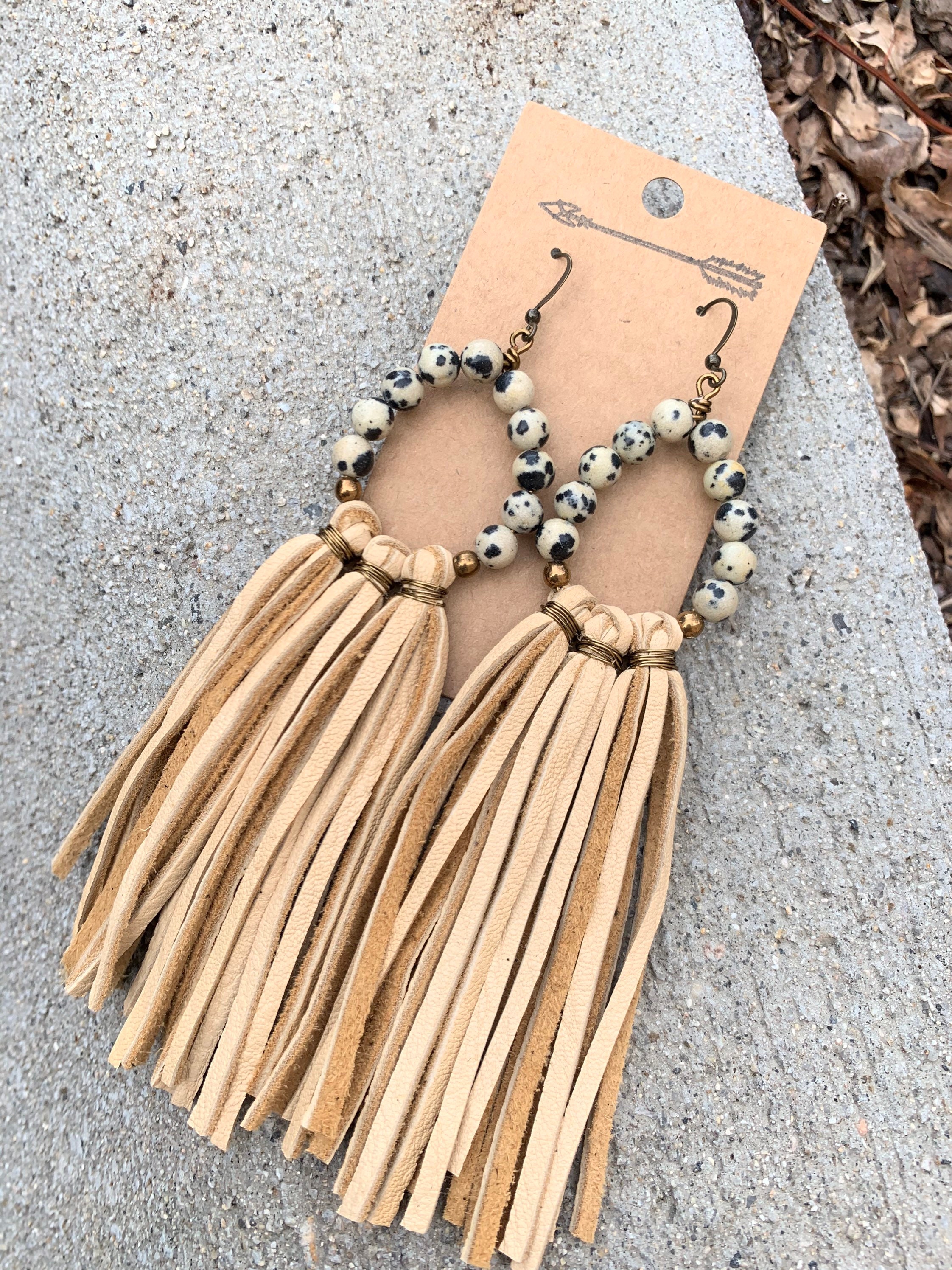 Jasper beaded light tan leather tassel earrings, deerskin, tan leathe…