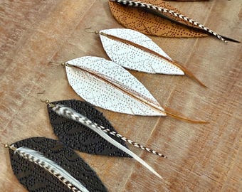 Leather + natural feather earrings, heart earrings, feather earrings, leather feather earrings, western earrings, rodeo earrings, neutral