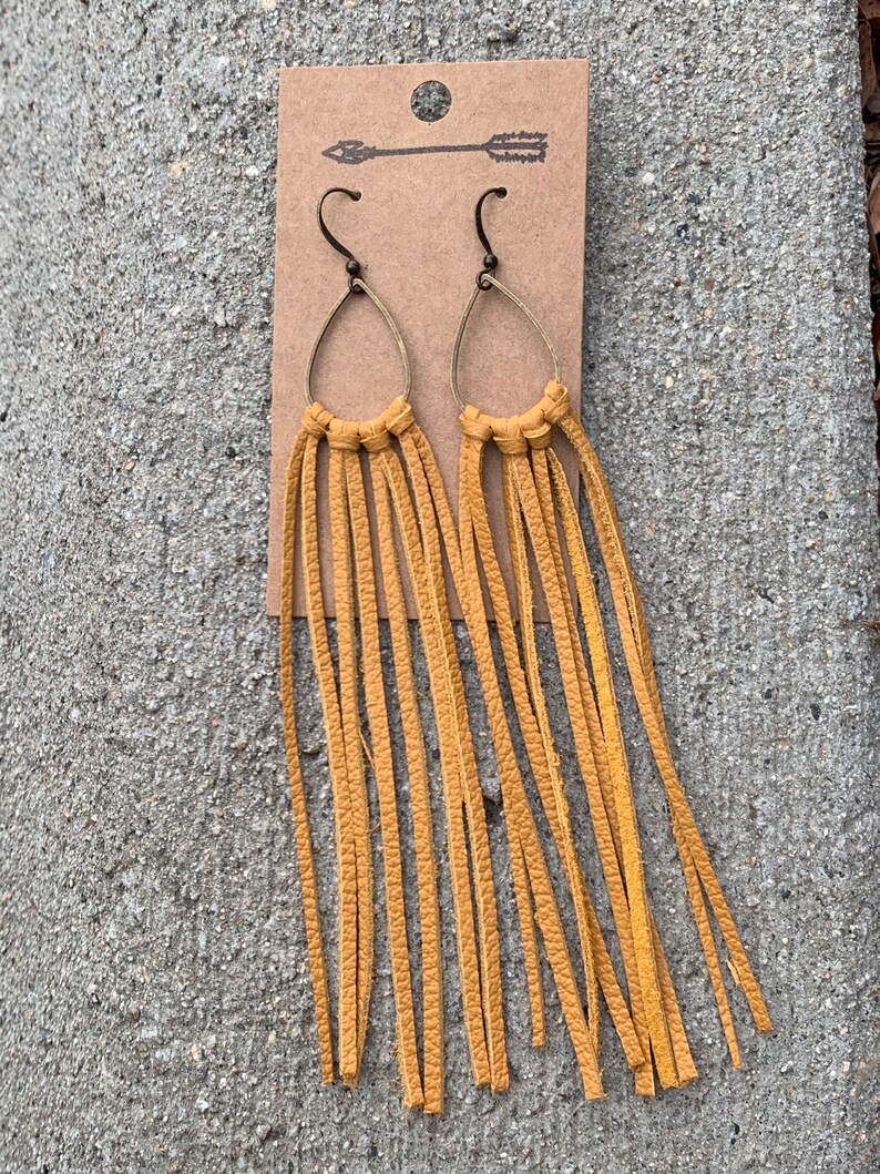 Mustard Leather Fringe Earrings With Raw Brass Teardrop or Etsy