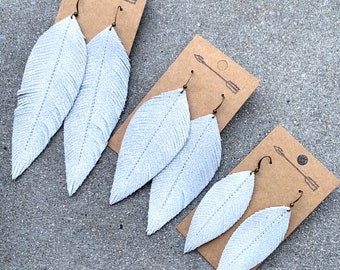 Sparkle white leather feather earrings, leather fringe, leather earrings, boho jewelry, leather jewelry, leather feather earrings