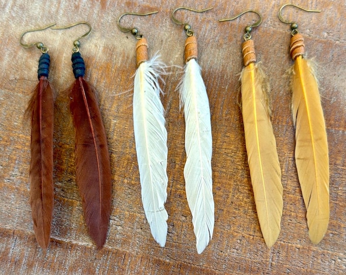 Unique natural feather earring festival feather earring boho leather wrapped feather earring western handmade real feather earring small