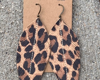 Leopard leather feather earrings, leopard leather, leather fringe, leather earrings, leather jewelry, boho jewelry, handmade earrings