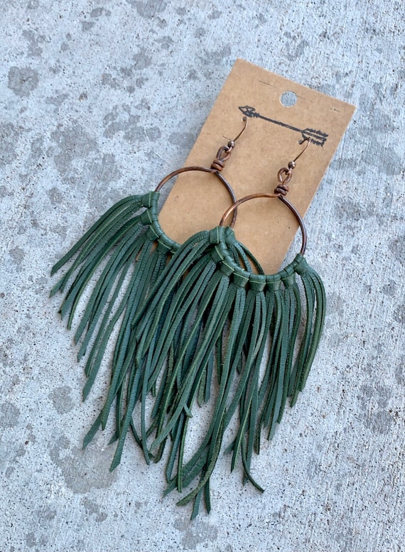 Green Leather Fringe Earrings Christmas Green Leather Fringe