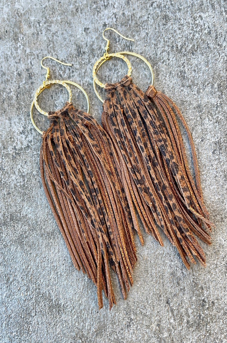 Fringe Leather Hoop Earrings Double Layer Leather Fringe Etsy
