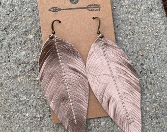 Champagne rose metallic leather feather earrings, leather feather, leather earrings, metallic, handmade, boho earrings