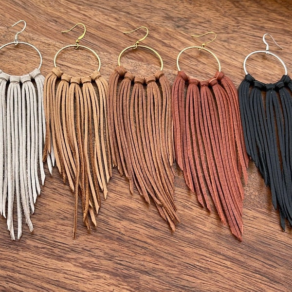 Neutral fringe leather earrings, leather earrings, boho earrings, white, beige, honey, tan, terracotta, black, turquoise, hoop earrings