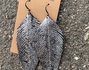 Silver frosted black leather feather earrings, glitter leather earrings, fancy leather earring, boho style, sparkle earrings