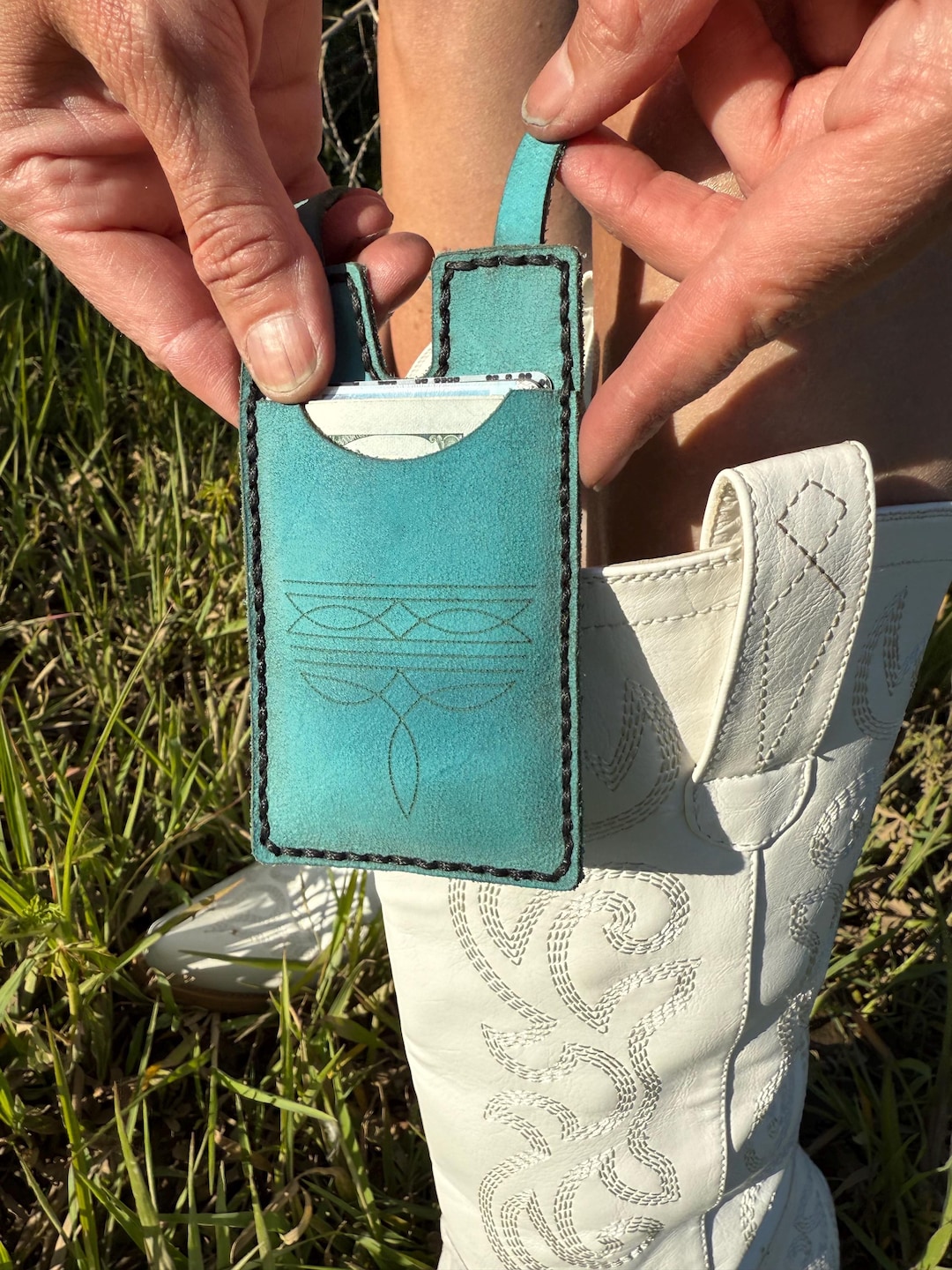 Leather Boot Wallet With Snap Strap Bright Color Boot Accessory Hands ...