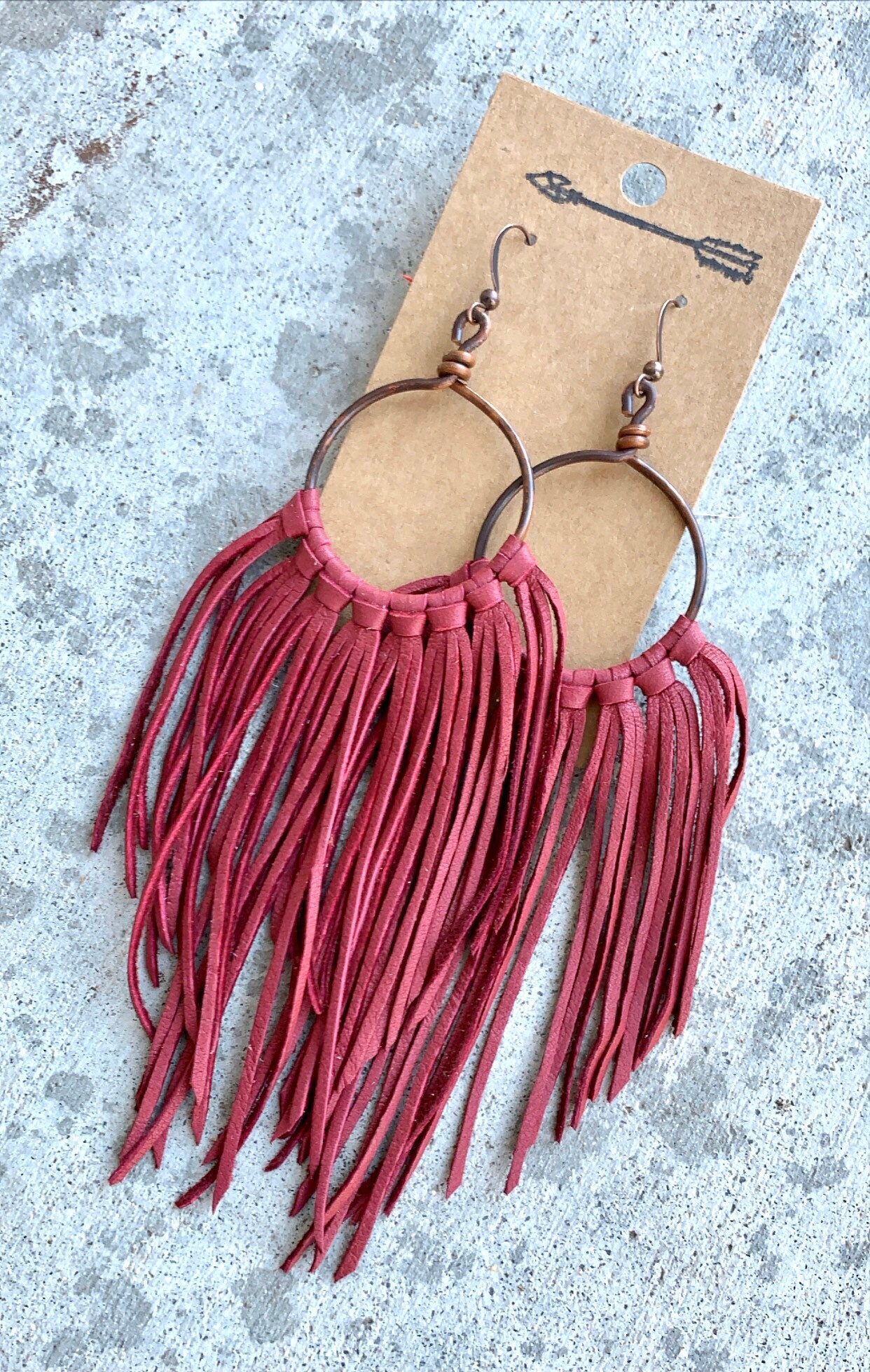 Burgundy Leather Fringe Earrings, Cranberry Leather Fringe