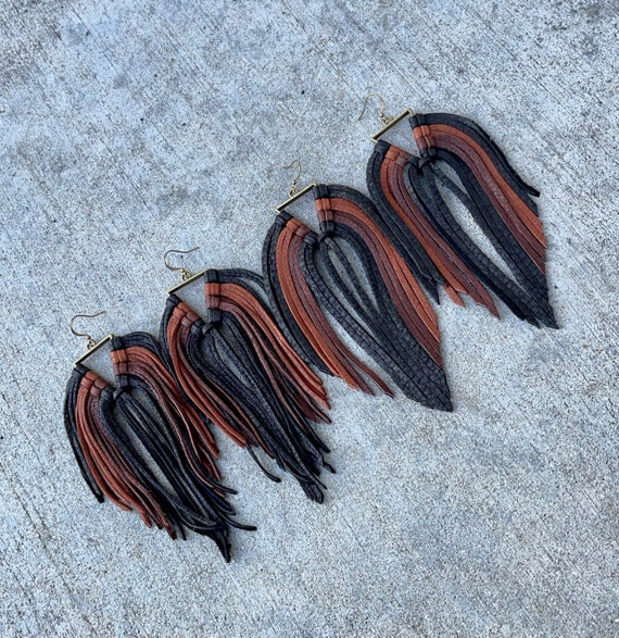 Yellowstone ombre XL Whiskey leather fringe earrings, neutral, Beth Dutton, boho fringe, rainbows, western jewelry, boho jewelry