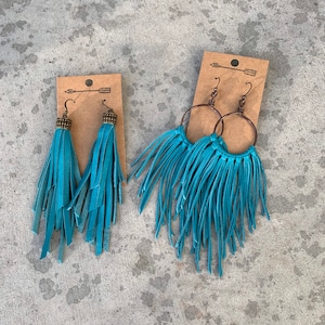 Darker Turquoise leather fringe earrings and leather tassel earrings, leather fringe, leather jewelry, leather earrings, true turquoise