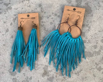 Darker Turquoise leather fringe earrings and leather tassel earrings, leather fringe, leather jewelry, leather earrings, true turquoise