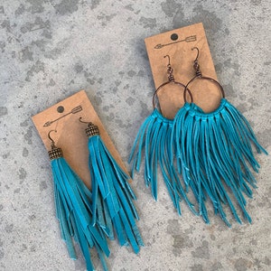 Leather Fringe Earrings with Turquoise Chunks main image 0