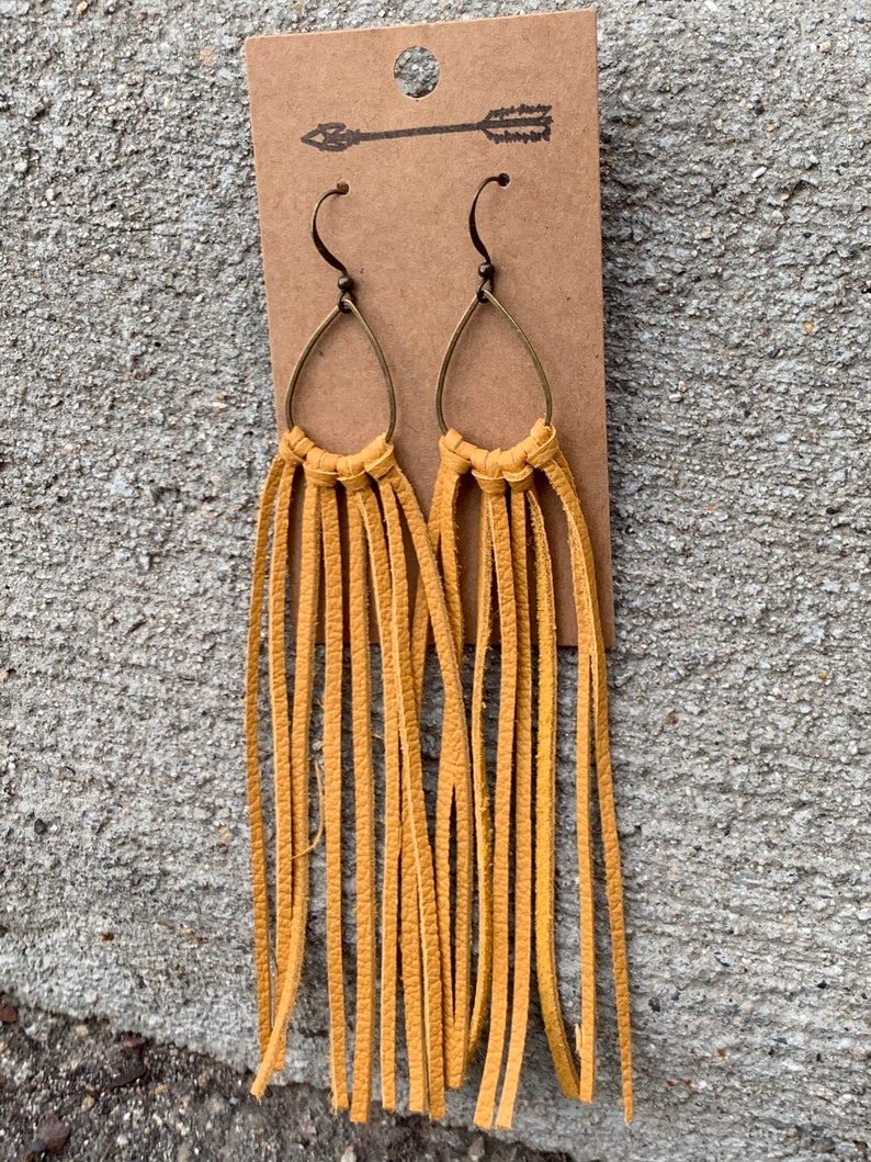 Mustard Leather Fringe Earrings With Raw Brass Teardrop or Etsy