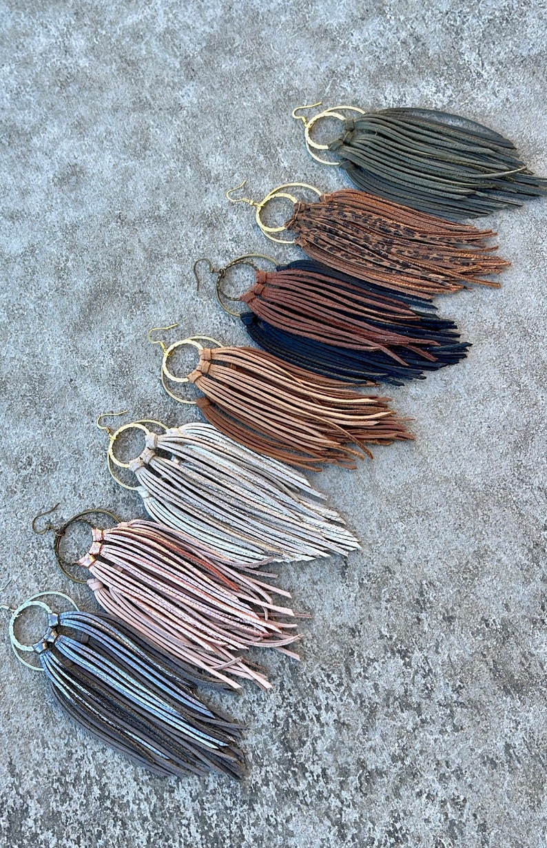 Fringe Leather Hoop Earrings Double Layer Leather Fringe Etsy