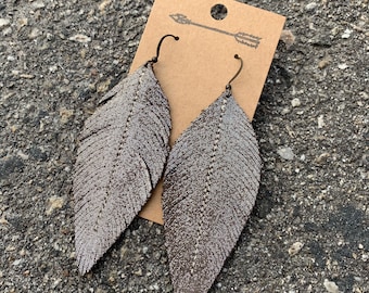 Coffee brown with silver sparkle leather feather earrings, brown leather, metallic leather, leather earrings, boho earrings
