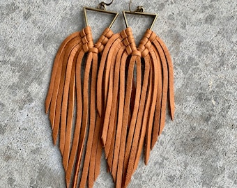 Yellowstone collection triangle fringe leather earrings, deerskin leather fringe, boho, western, Beth Dutton, statement earrings