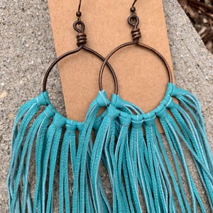 Turquoise leather fringe earrings, leather earrings, fringe earrings, fringe, boho jewelry, turquoise, handmade wire hoops, western